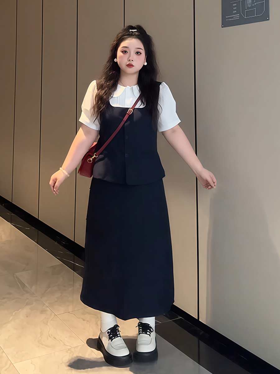 Plus-Size Women's College Style Fake Two-Piece Shirt and Half Skirt Summer Fashion Set for a Flattering Look Plus-Size Women's College Style Fake Two-Piece Shirt and Half Skirt Summer Fashion Set for a Flattering Look