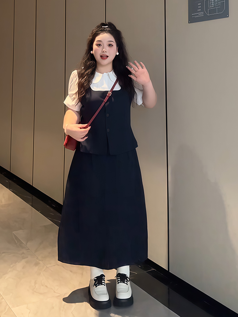 Plus-Size Women's College Style Fake Two-Piece Shirt and Half Skirt Summer Fashion Set for a Flattering Look Plus-Size Women's College Style Fake Two-Piece Shirt and Half Skirt Summer Fashion Set for a Flattering Look