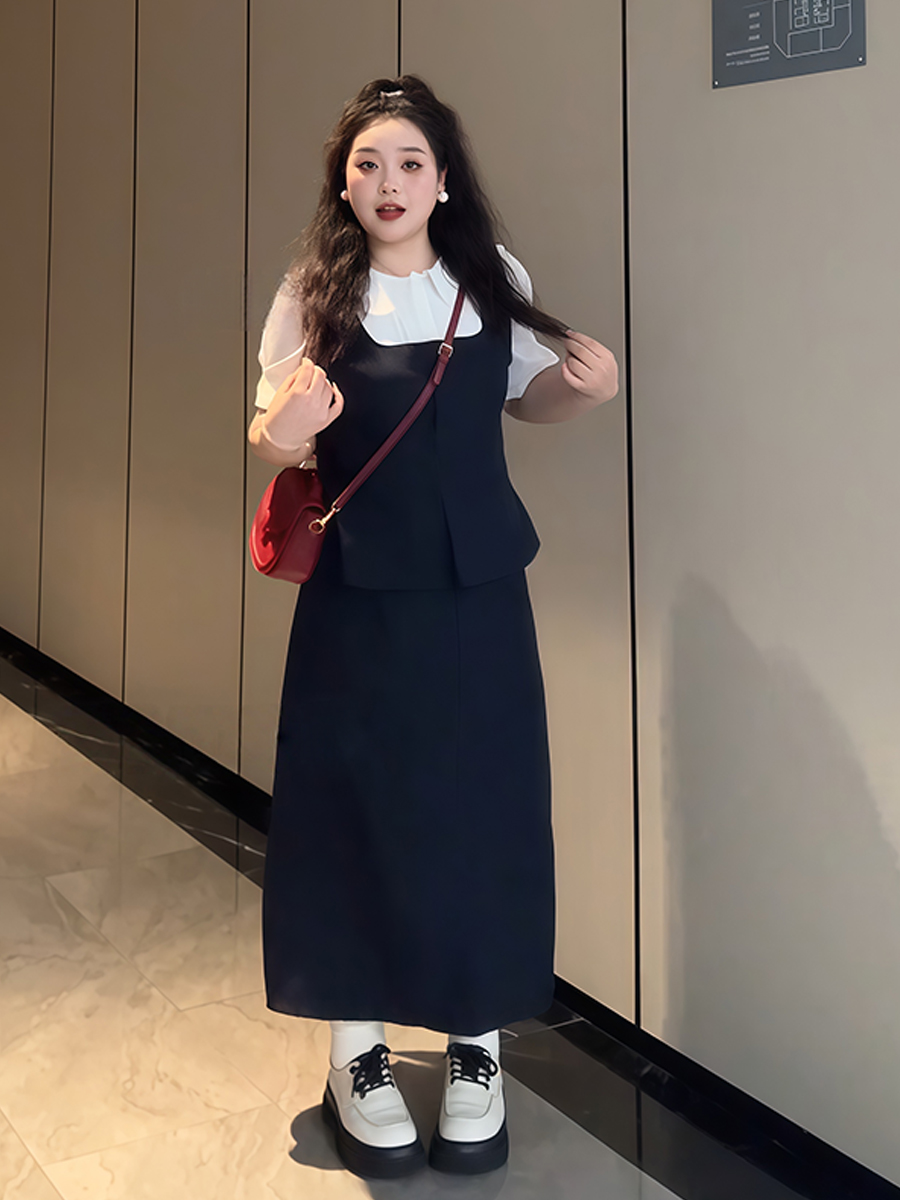 Plus-Size Women's College Style Fake Two-Piece Shirt and Half Skirt Summer Fashion Set for a Flattering Look Plus-Size Women's College Style Fake Two-Piece Shirt and Half Skirt Summer Fashion Set for a Flattering Look