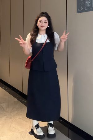 Plus-Size Women's College Style Fake Two-Piece Shirt and Half Skirt Summer Fashion Set for a Flattering Look