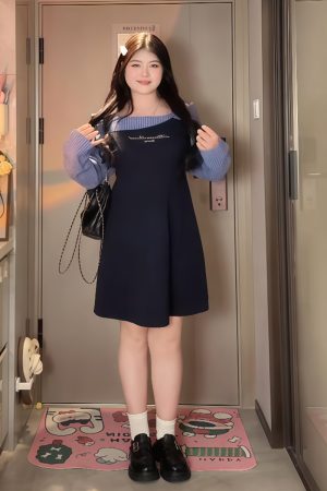 Plus-Size Women's College Style Off-Shoulder Two-Piece Dress, Spring Slimming Design for Curvy Figures, Trendy Niche Fashion