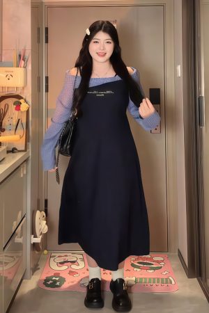 Plus-Size Women's College Style Off-Shoulder Two-Piece Dress, Spring Slimming Design for Curvy Figures, Trendy Niche Fashion