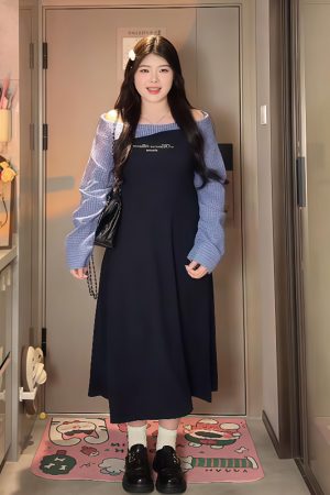 Plus-Size Women's College Style Off-Shoulder Two-Piece Dress, Spring Slimming Design for Curvy Figures, Trendy Niche Fashion