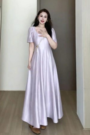 Plus-Size Women's Elegant French-Style Purple Long Dress for Summer - Unique Temperament Dress for a Flattering Fit