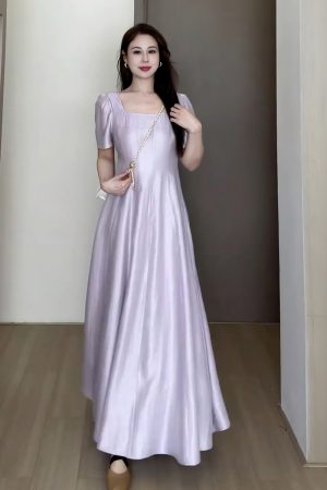 Plus-Size Women's Elegant French-Style Purple Long Dress for Summer - Unique Temperament Dress for a Flattering Fit