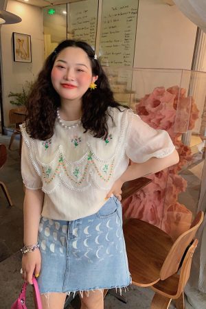 Plus-Size Women's Embroidered Tencel T-Shirt, Short Sleeve Summer Top, Unique Exquisite Design, Trendy Fashion for Curvy Styles