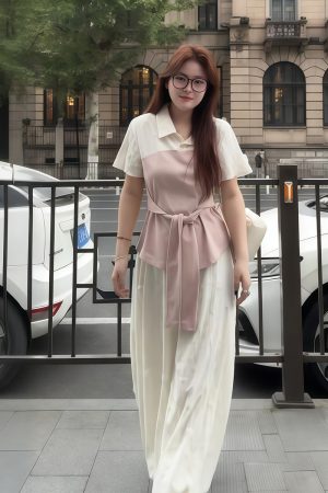 Plus-Size Women's Faux Two-Piece Spliced Top and Flower Bud Skirt Set - Elegant Slim-Fit Summer Fashion