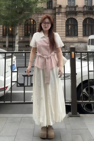 Plus-Size Women's Faux Two-Piece Spliced Top and Flower Bud Skirt Set - Elegant Slim-Fit Summer Fashion