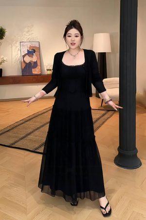 Plus-Size Women's French-Style Pleated Camisole Dress with Long Sleeve Cardigan Set - Summer Cover-Up for Curvy Fashion