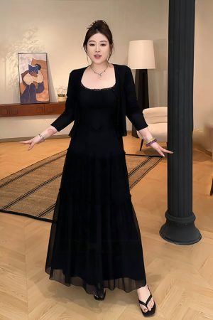 Plus-Size Women's French-Style Pleated Camisole Dress with Long Sleeve Cardigan Set - Summer Cover-Up for Curvy Fashion