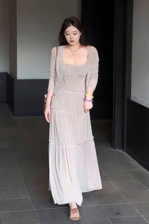 Plus-Size Women's French-Style Pleated Camisole Dress with Long Sleeve Cardigan Set - Summer Cover-Up for Curvy Fashion