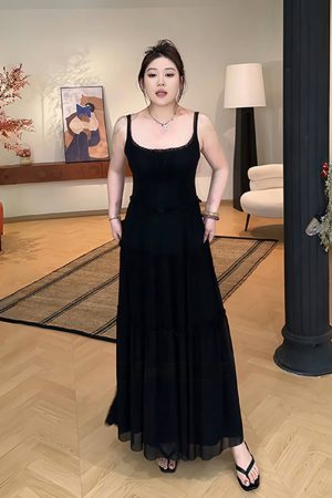 Plus-Size Women's French-Style Pleated Camisole Dress with Long Sleeve Cardigan Set - Summer Cover-Up for Curvy Fashion