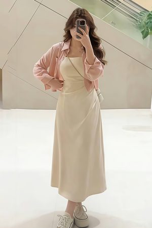 Plus-Size Women's French-Style Pleated Waist Camisole Dress & Cover-Up Set - Slimming Summer Fashionable Two-Piece for Curvy Style