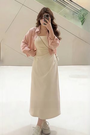 Plus-Size Women's French-Style Pleated Waist Camisole Dress & Cover-Up Set - Slimming Summer Fashionable Two-Piece for Curvy Style