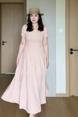 Plus-Size Women's French-Style Square-Neck Short Sleeve Dress - Flattering A-Line Design for Curvy Figures - Summer Essential