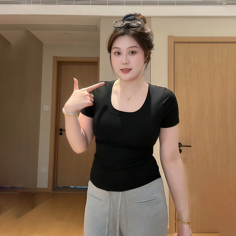 Plus-Size Women's French-Style U-Neck Short Sleeve T-Shirt, Summer Slim-Fit Top for Curvy Women, Casual Chic Fashion Plus-Size Women's French-Style U-Neck Short Sleeve T-Shirt, Summer Slim-Fit Top for Curvy Women, Casual Chic Fashion