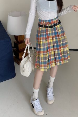 Plus Size Women's High-Waisted A-Line Colorful Plaid Pleated Skirt - Retro Checkered Mid-Length Style