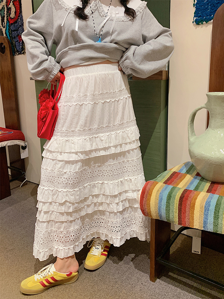 Plus Size Women's Lace Cake Skirt - Mid-Length White Skirt for Spring & Autumn, Stylish Half-Length Design Plus Size Women's Lace Cake Skirt - Mid-Length White Skirt for Spring & Autumn, Stylish Half-Length Design