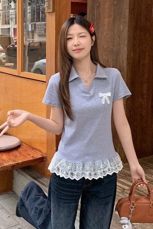 Plus-Size Women's Lace Patchwork Bow Short-Sleeve T-Shirt - Summer Sweet Slimming Lapel Top for Curvy Girls