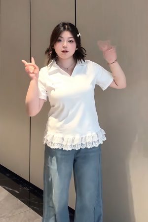 Plus-Size Women's Lace Patchwork Bow Short-Sleeve T-Shirt - Summer Sweet Slimming Lapel Top for Curvy Girls