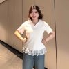 Plus-Size Women's Lace Patchwork Bow Short-Sleeve T-Shirt - Summer Sweet Slimming Lapel Top for Curvy Girls