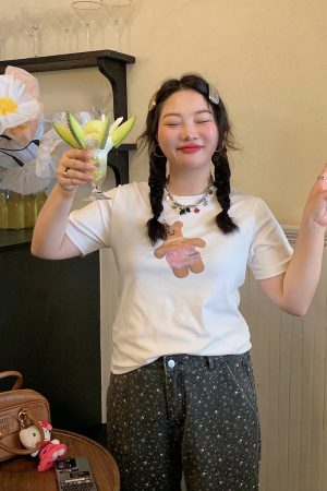 Plus Size Women's Little Bear Short Sleeve T-Shirt - 2025 New White Base Layer Top, Casual Korean Style Fashion