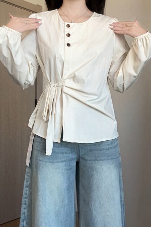 Plus-Size Women's Long Sleeve Shirt - French Design, Irregular Waist, Flattering Spring Top for Curvy Figures, Chic Fashion.