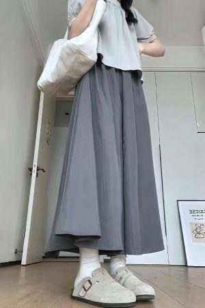 Plus Size Women's Loose Wide-Leg Skirt Pants with Elastic Waist - Summer 2025 Gray Fashionable Y2K Style