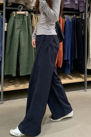 Plus Size Women's Navy Blue Quick-Dry Wide-Leg High-Waisted Cargo Pants - Loose Fit Summer Style