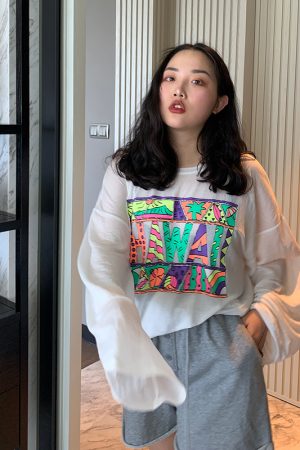 Plus Size Women's Printed Long Sleeve Sun Protection T-Shirt - Summer 2025 Loose Slimming Style in White - Trendy and Comfortable