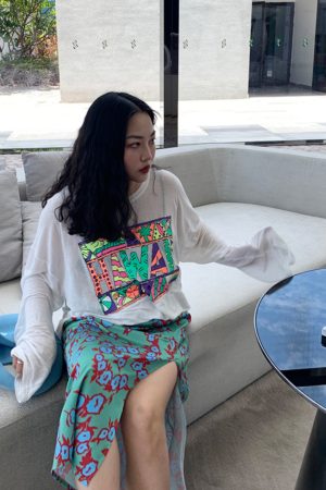 Plus Size Women's Printed Long Sleeve Sun Protection T-Shirt - Summer 2025 Loose Slimming Style in White - Trendy and Comfortable