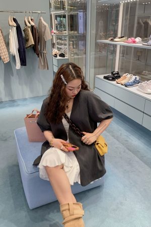 Plus-Size Women's Short-Sleeved Blazer, No Collar, Thin Summer Suit Jacket in Gray - High-End Quality Fashion Outerwear