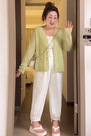 Plus Size Women's Summer Ice Silk Knitted Cardigan - Versatile Lightweight Jacket for Curvy Figures, Sun Protection Top, Air Conditioning Shirt