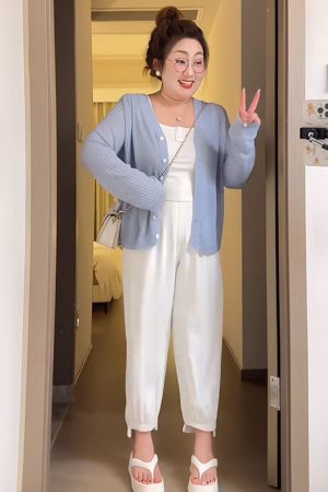 Plus Size Women's Summer Ice Silk Knitted Cardigan - Versatile Lightweight Jacket for Curvy Figures, Sun Protection Top, Air Conditioning Shirt