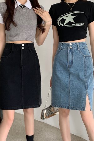 Plus Size Women's Summer Mid-Length High-Waisted A-Line Denim Skirt with Slimming Split - Korean Style Bodycon Fashion
