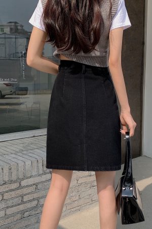 Plus Size Women's Summer Mid-Length High-Waisted A-Line Denim Skirt with Slimming Split - Korean Style Bodycon Fashion