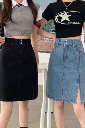 Plus Size Women's Summer Mid-Length High-Waisted A-Line Denim Skirt with Slimming Split - Korean Style Bodycon Fashion