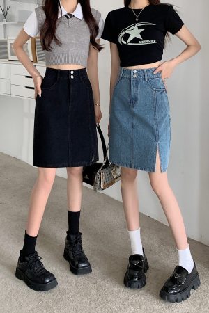 Plus Size Women's Summer Mid-Length High-Waisted A-Line Denim Skirt with Slimming Split - Korean Style Bodycon Fashion