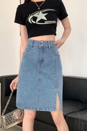 Plus Size Women's Summer Mid-Length High-Waisted A-Line Denim Skirt with Slimming Split - Korean Style Bodycon Fashion