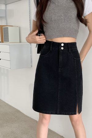 Plus Size Women's Summer Mid-Length High-Waisted A-Line Denim Skirt with Slimming Split - Korean Style Bodycon Fashion