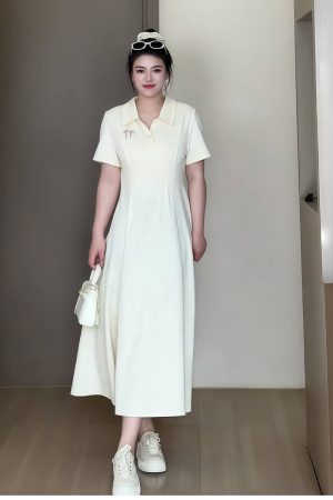 Plus-Size Women's Summer Polo Collar Short Sleeve A-Line Dress, Waist-Cinching Slimming Fit, College Style, Trendy and Elegant Look