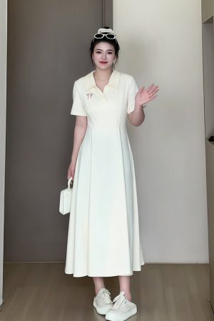 Plus-Size Women's Summer Polo Collar Short Sleeve A-Line Dress, Waist-Cinching Slimming Fit, College Style, Trendy and Elegant Look