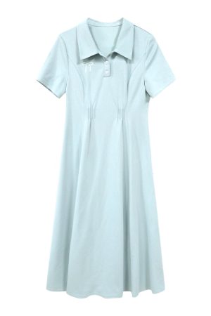Plus-Size Women's Summer Polo Collar Short Sleeve A-Line Dress, Waist-Cinching Slimming Fit, College Style, Trendy and Elegant Look