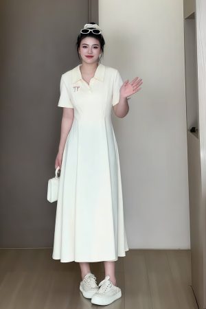 Plus-Size Women's Summer Polo Collar Short Sleeve A-Line Dress, Waist-Cinching Slimming Fit, College Style, Trendy and Elegant Look