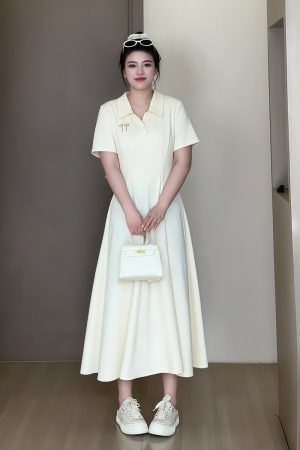 Plus-Size Women's Summer Polo Collar Short Sleeve A-Line Dress, Waist-Cinching Slimming Fit, College Style, Trendy and Elegant Look