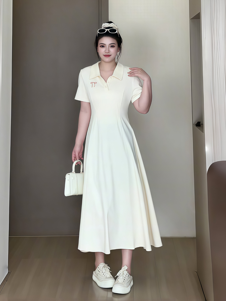 Plus-Size Women's Summer Polo Collar Short Sleeve A-Line Dress, Waist-Cinching Slimming Fit, College Style, Trendy and Elegant Look Plus-Size Women's Summer Polo Collar Short Sleeve A-Line Dress, Waist-Cinching Slimming Fit, College Style, Trendy and Elegant Look