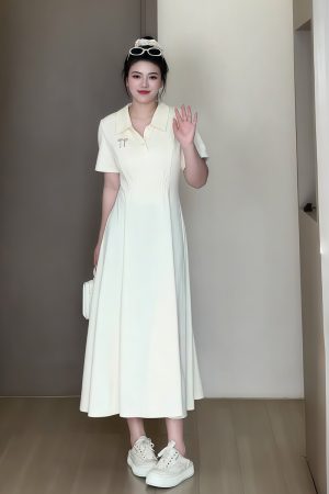 Plus-Size Women's Summer Polo Collar Short Sleeve A-Line Dress, Waist-Cinching Slimming Fit, College Style, Trendy and Elegant Look