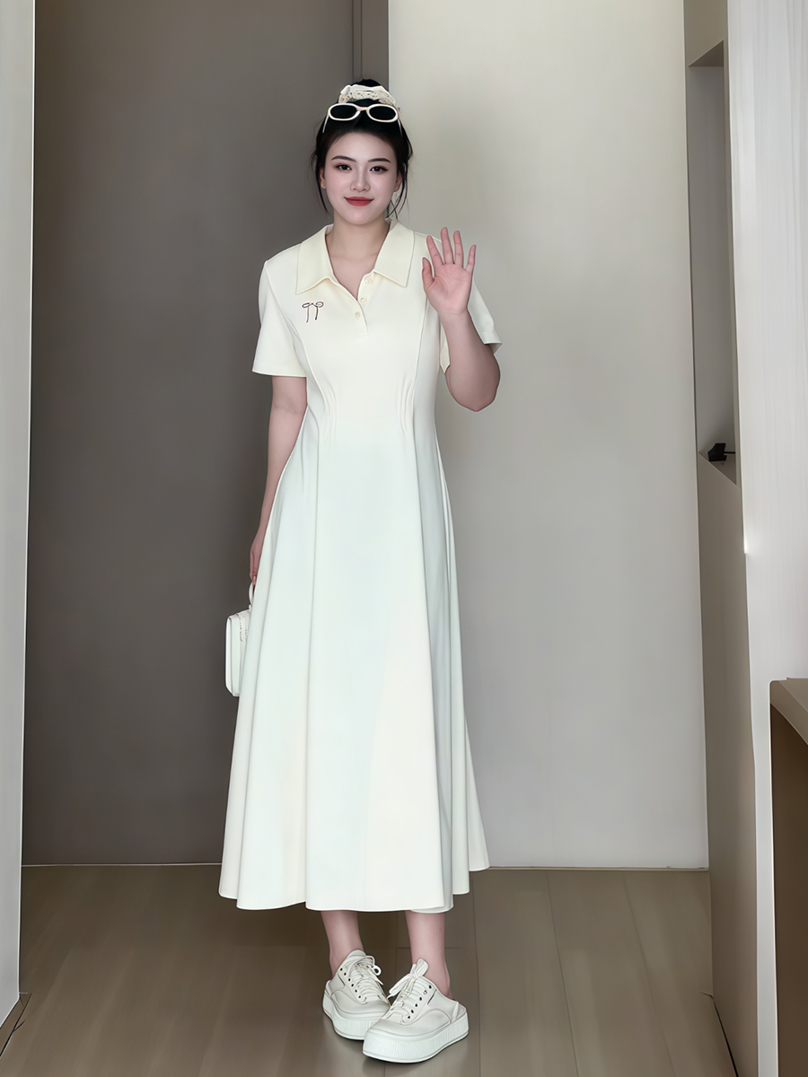 Plus-Size Women's Summer Polo Collar Short Sleeve A-Line Dress, Waist-Cinching Slimming Fit, College Style, Trendy and Elegant Look Plus-Size Women's Summer Polo Collar Short Sleeve A-Line Dress, Waist-Cinching Slimming Fit, College Style, Trendy and Elegant Look