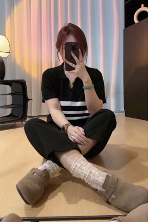 Plus Size Women's Summer Short Sleeve Striped Polo Collar Knitted Top - Slimming & Youthful Design for a Chic Look