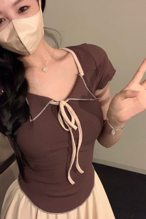 Plus Size Women's Summer Short Sleeve T-Shirt – Spicy Slim Fit Tummy-Covering Tie Top for a Trendy Look